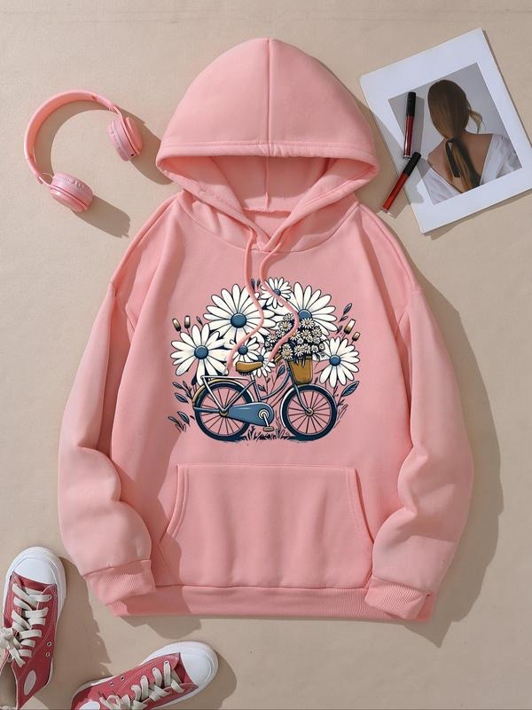 Women's Floral Print Drop Shoulder Hoodie, Fashion Casual Drawstring Pocket Hooded Sweatshirt for Daily Holiday Outdoor...
