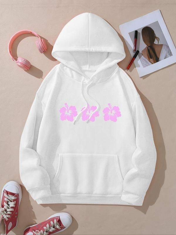 Women's Floral Print Drop Shoulder Hoodie, Fashion Casual Drawstring Pocket Hooded Sweatshirt for Daily Holiday Outdoor...