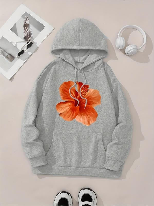Women's Floral Print Drop Shoulder Hoodie, Fashion Casual Drawstring Pocket Hooded Sweatshirt for Daily Holiday Outdoor...