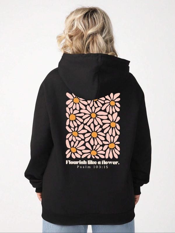 Women's Floral Print Drop Shoulder Hoodie, Fashion Casual Drawstring Pocket Hooded Sweatshirt for Daily Holiday Outdoor...