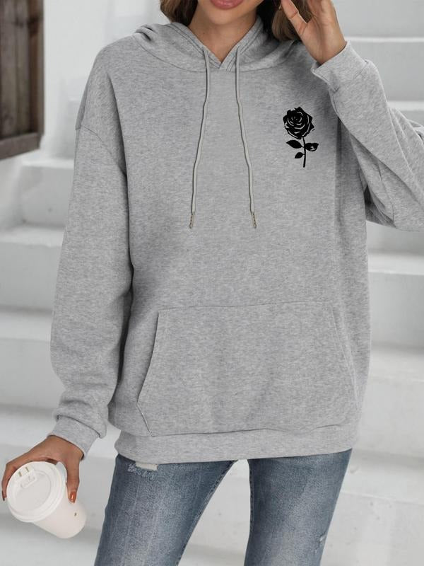 Women's Floral Print Drop Shoulder Hoodie, Fashion Casual Drawstring Pocket Hooded Sweatshirt for Daily Holiday Outdoor...