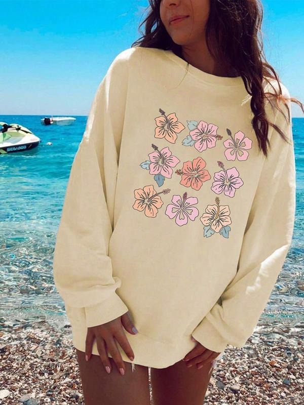 Women's Floral Print Drop Shoulder Pullover, Fashion Casual Long Sleeve Crew Neck Sweatshirt for Daily Holiday Outdoor...