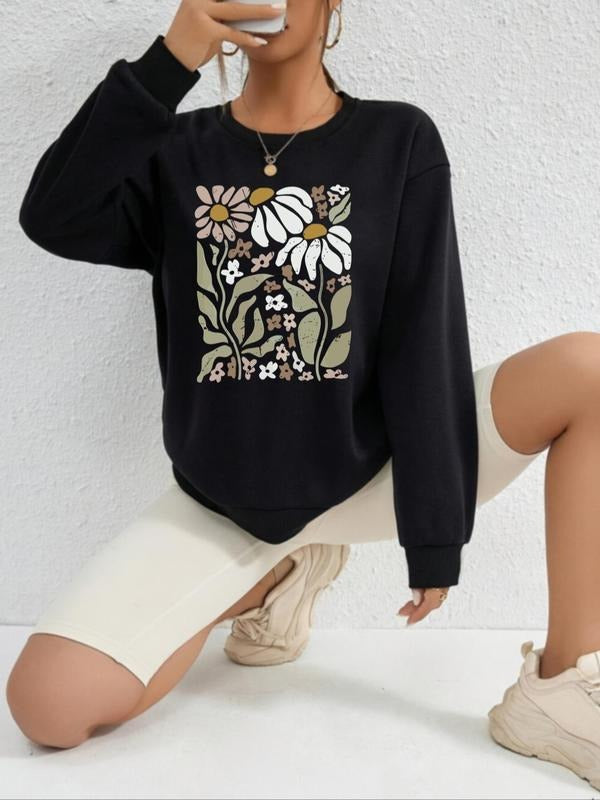 Women's Floral Print Drop Shoulder Sweatshirt , Casual Long Sleeve Crew Neck Pullover for Fall & Winter, Fashion Women's...