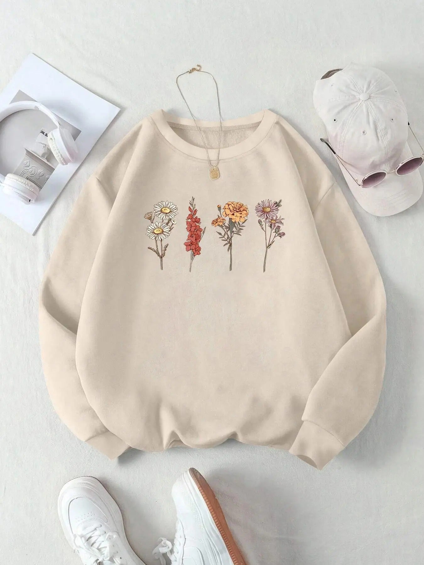 Floral Print Drop Shoulder Casual Long Sleeve Round Neck Daily Clothes All Seasons T-Shirts, Hoodie, Sweatshirt