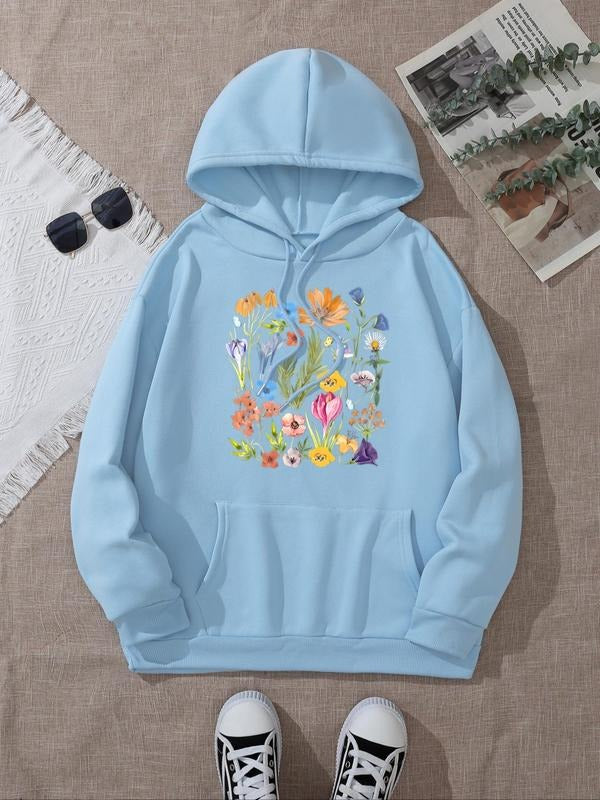 Women's Floral Print Hoodie, Casual Long Sleeve Hooded Sweatshirt for Fall & Winter, Women's Clothes for Daily Wear T-Shirts