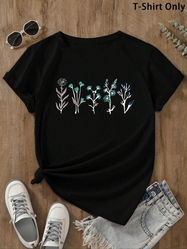 Women's Floral Print Round Neck  Tee, Vintage Trendy Casual Short Sleeve T-shirt for Daily Wear, Ladies Summer Outfit...