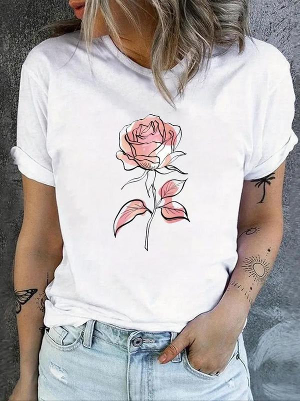 Women's Floral Print Round Neck Graphic Tee, Vintage Trendy Casual Drop Shoulder Short Sleeve T-shirt for Daily Wear,...