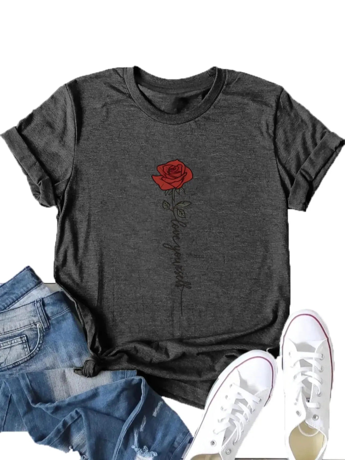 Women's Floral Print Round Neck Graphic Tee, Vintage Trendy Casual Short Sleeve T-shirt For Daily Wear, Ladies Summer...