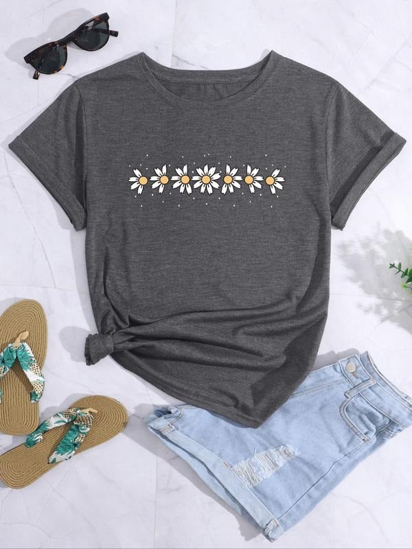 Women's Floral Print Round Neck Graphic Tee, Vintage Trendy Casual Short Sleeve T-shirt for Daily Wear, Ladies Summer...