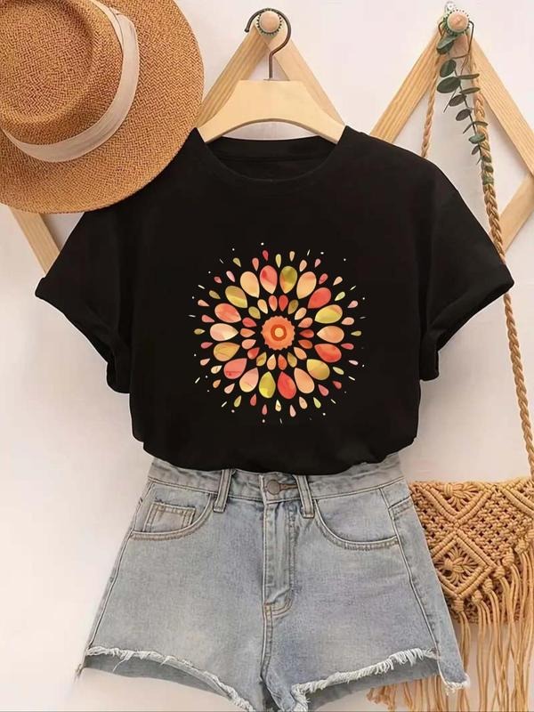 Women's Floral Print Round Neck Graphic Tee, Vintage Trendy Casual Short Sleeve T-shirt for Daily Wear, Ladies Summer...