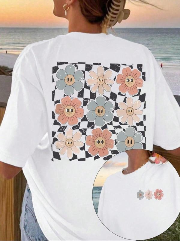 Women's Floral Print Round Neck Graphic Tee, Vintage Trendy Casual Short Sleeve T-shirt for Daily Wear, Ladies Summer,...