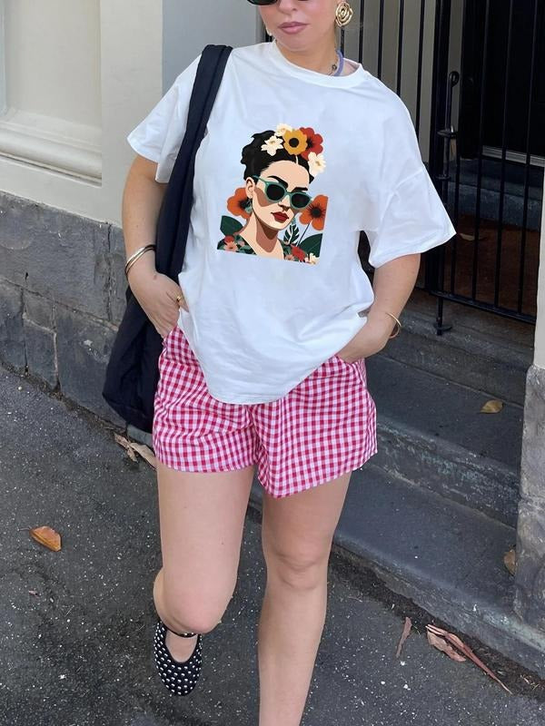 Women's Floral Print Round Neck Graphic Tee, Vintage Trendy Casual Short Sleeve T-shirt for Daily Wear, Ladies Summer,...
