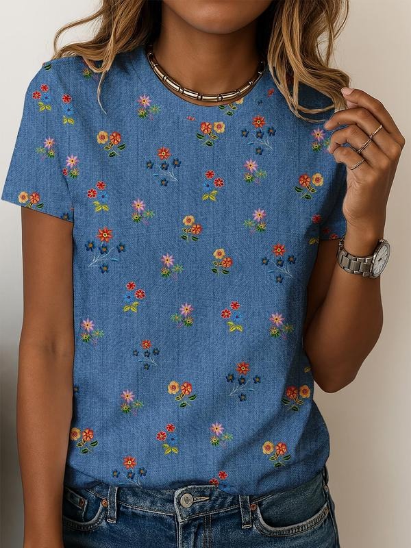 Women's Floral Print Round Neck Tee, Casual All Over Print Crew Neck Short Sleeve T-Shirt for Summer, Fashion Women's Top...