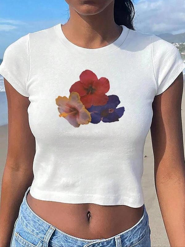 Women's Floral Print Round Neck Tee, Casual Cap Sleeve Crew Neck T-Shirt for Summer, Fashion Women's Top for Daily Wear...