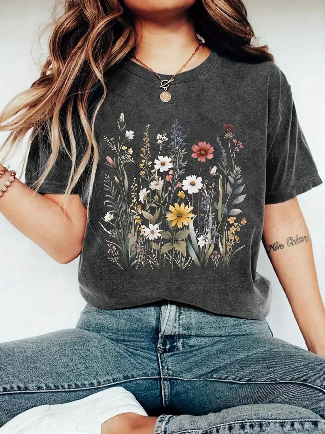 Floral Print Round Neck Casual Drop Shoulder Short Sleeve Summer Clothes Tops T-Shirts, Hoodie, Sweatshirt