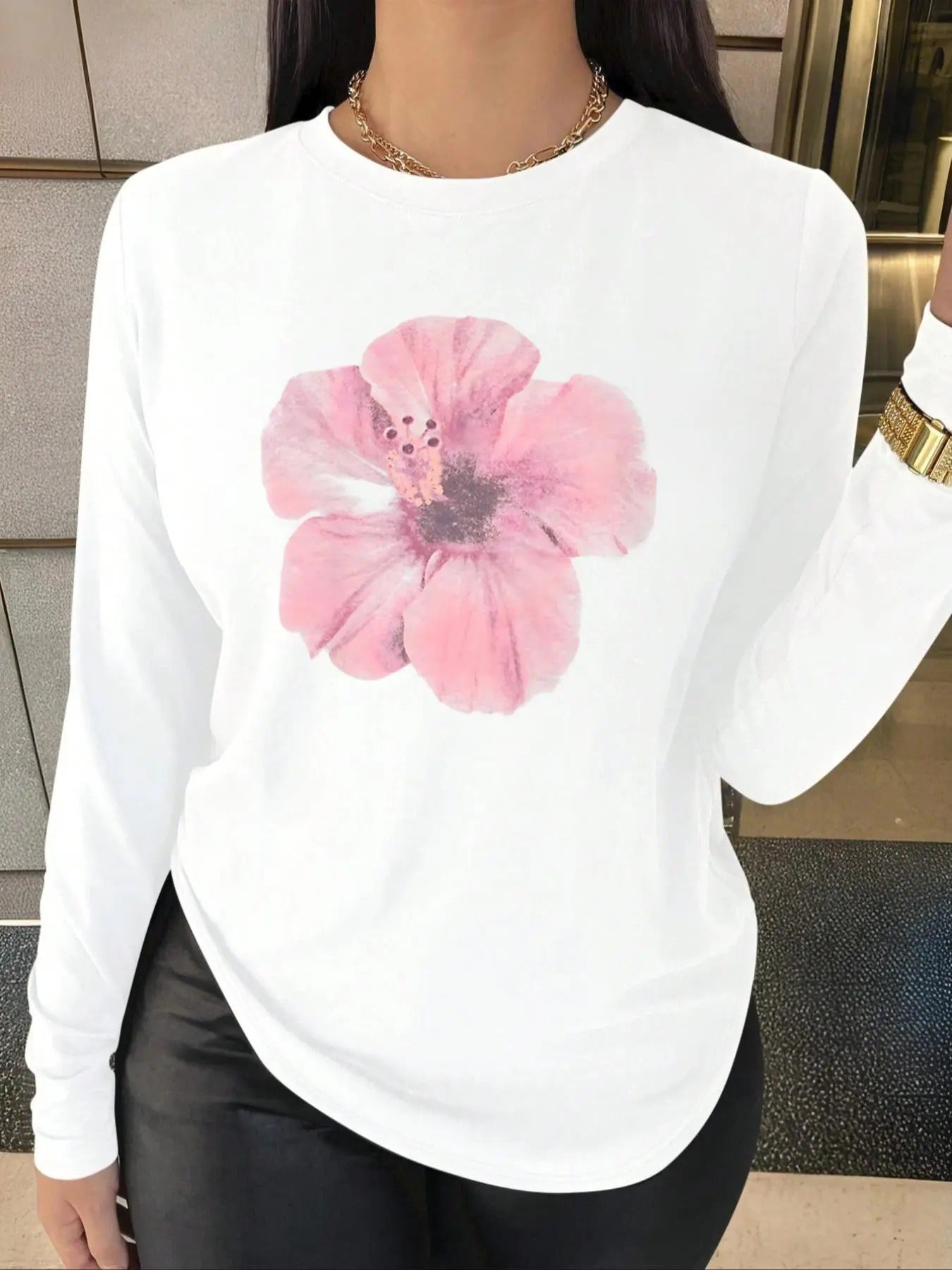 Floral Print Round Neck Casual Long Sleeve Crew Neck Daily Clothes All Seasons T-Shirts, Hoodie, Sweatshirt