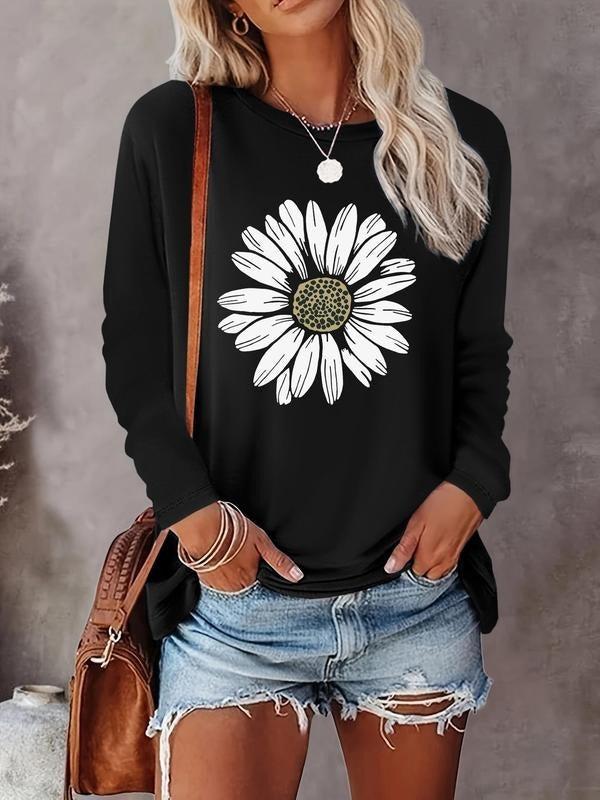 Floral Print Round Neck Casual Long Sleeve Crew Neck Fall & Winter Top Daily T-Shirts, Hoodie, Sweatshirt