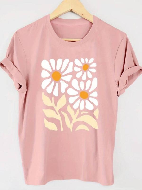 Women's Floral Print Round Neck Tee, Casual Short Sleeve Crew Neck T-Shirt for Summer, Fashion Women's Top for Daily Wear...