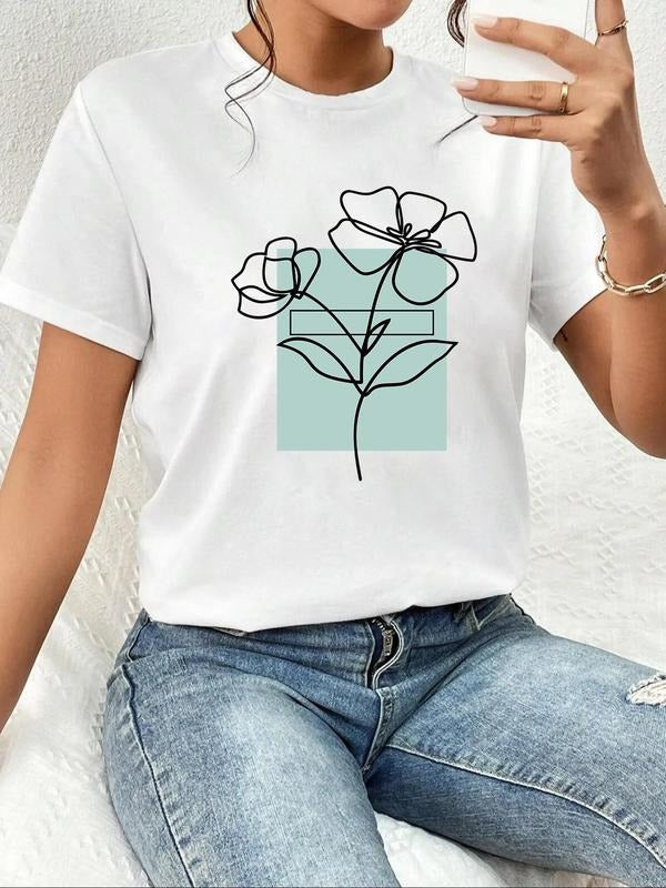 Women's Floral Print Round Neck Tee, Casual Short Sleeve Crew Neck T-Shirt for Summer, Fashion Women's Top for Daily Wear...