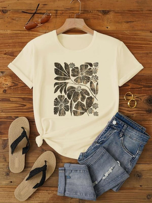 Women's Floral Print Round Neck Tee, Casual Short Sleeve Crew Neck T-Shirt for Summer, Fashion Women's Top for Daily Wear...