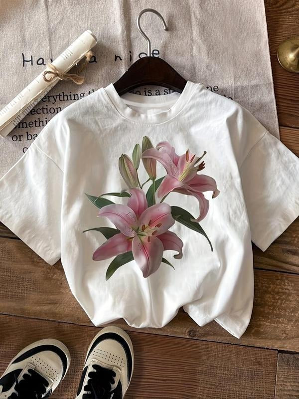 Women's Floral Print Round Neck Tee, Casual Short Sleeve Crew Neck T-Shirt for Summer, Fashion Women's Top for Daily Wear...