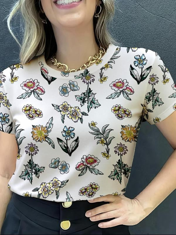 Women's Floral Print Round Neck Tee, Casual Short Sleeve Crew Neck T-shirt for Daily Wear, Ladies Clothes for All...