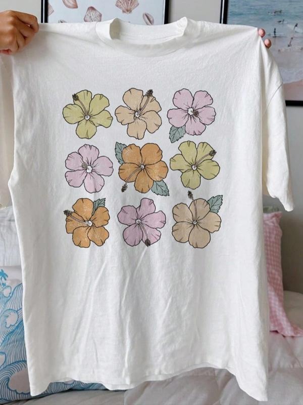 Women's Floral Print Round Neck Tee, Casual Short Sleeve Crew Neck T-shirt for Summer, Fashion Women's Top for Daily Wear...