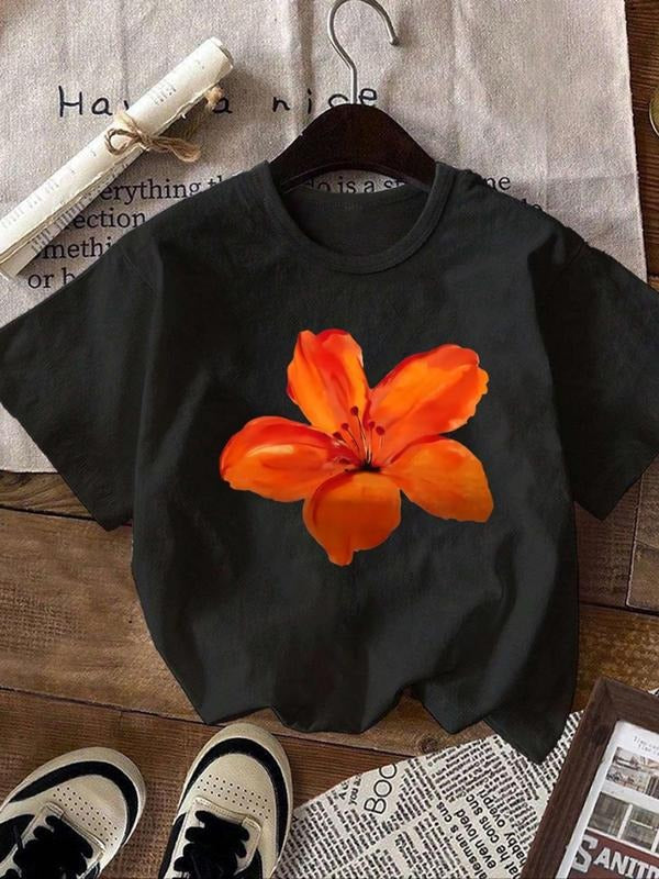 Women's Floral Print Round Neck Tee, Casual Short Sleeve Crew Neck T-shirt for Summer, Fashion Women's Top for Daily Wear...
