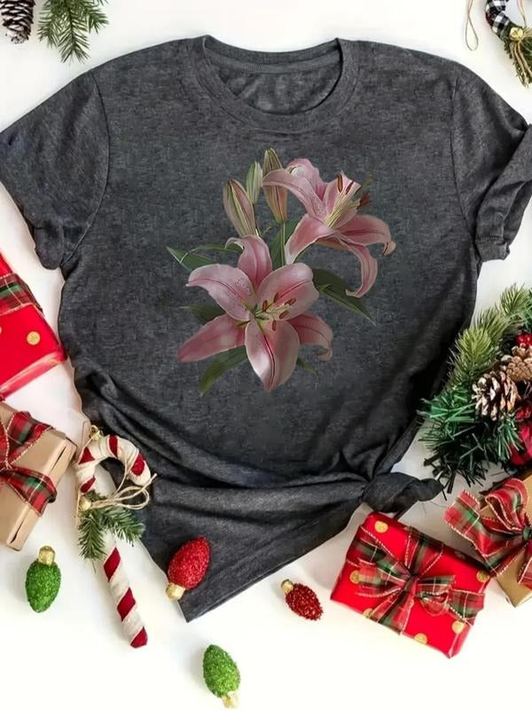Women's Floral Print Round Neck Tee, Fashion Casual Short Sleeve T-shirt, Ladies Summer Clothes for Daily Wear Hoodie,...