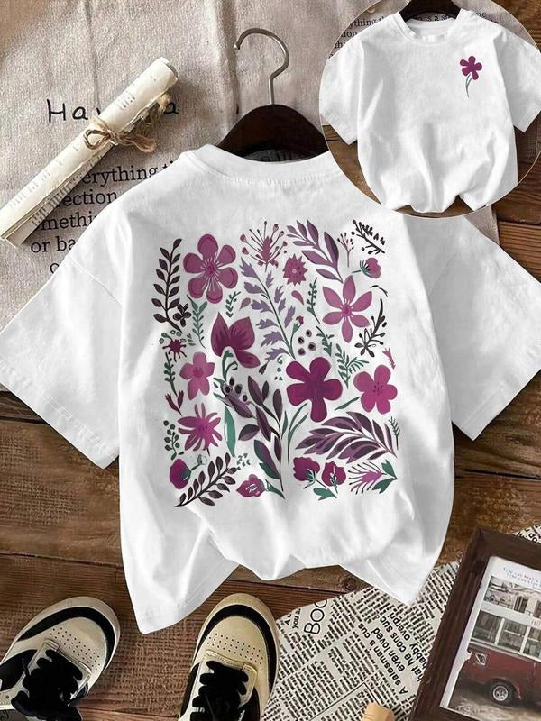 Women's Floral Print Round Neck Tee, Lady Casual Shortsleeve Crew Neck T-shirt for Summer, Fashion Women's Top for Daily...