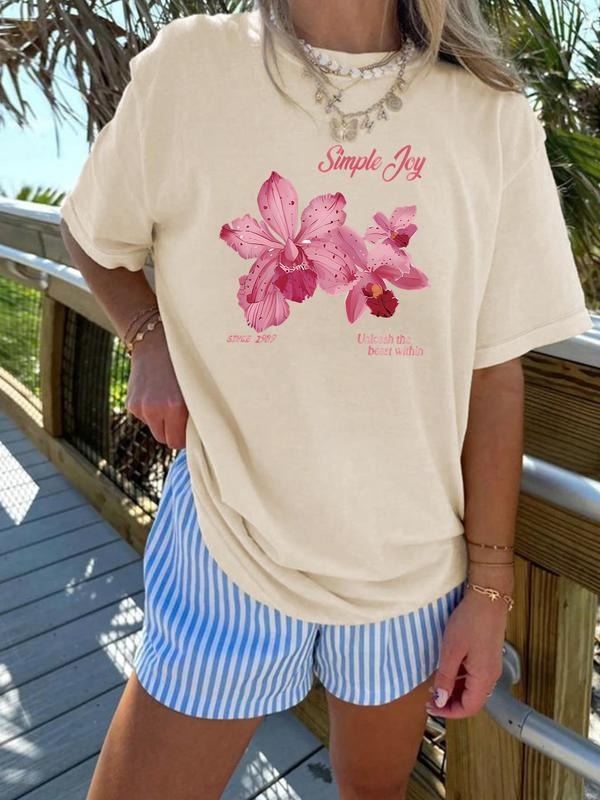 Women's Floral Print Round Neck Tee, Trendy Casual Short Sleeve T-shirt for Daily Wear, Ladies Summer Outfit Hoodie,...