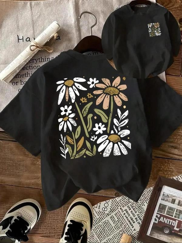 Women's Floral Print Round Neck Tee, Vintage Trendy Casual Crew Neck Short Sleeve T-shirt for Daily Wear, Ladies Summer...
