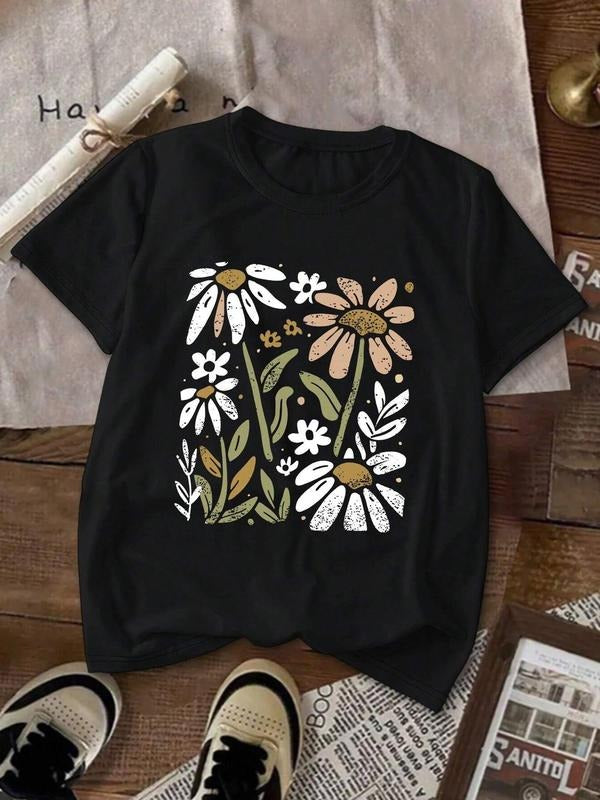 Women's Floral Print Round Neck Tee, Vintage Trendy Casual Crew Neck Short Sleeve T-shirt for Daily Wear, Ladies Summer,...