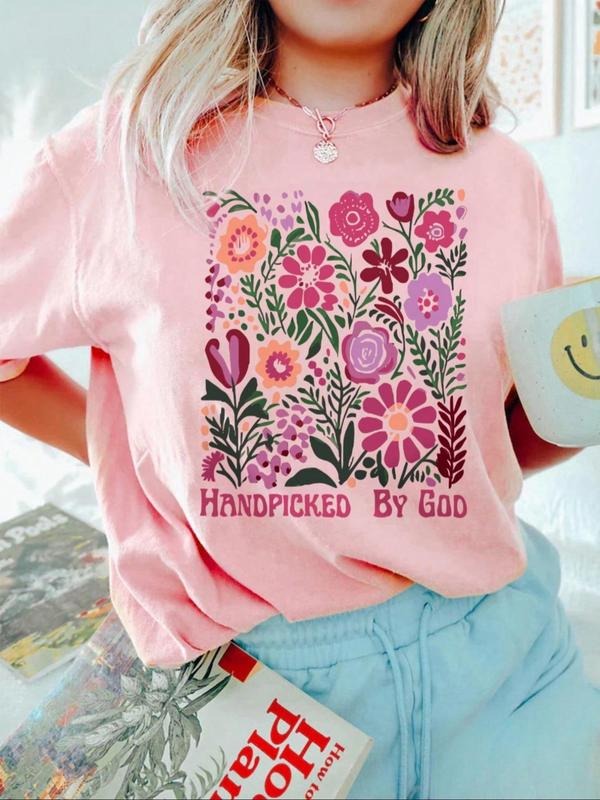 Women's Floral Print Round Neck Tee, Vintage Trendy Casual Crew Neck Short Sleeve T-shirt for Daily Wear, Ladies Summer,...
