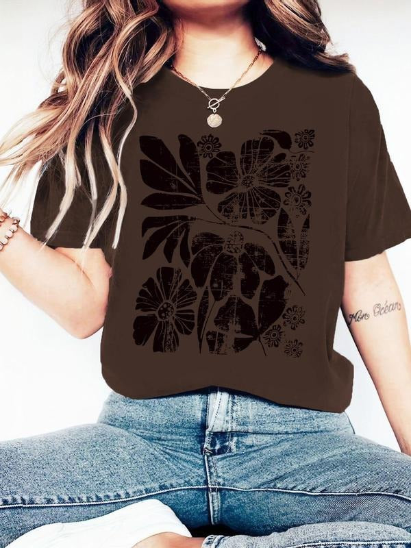 Women's Floral Print Round Neck Tee, Vintage Trendy Casual Short Sleeve T-shirt for Daily Wear, Ladies Summer Outfit, Top...