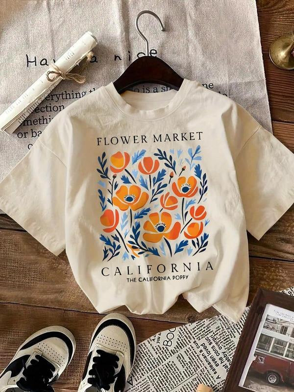 Women's Floral Print Round Neck Tee, Vintage Trendy Casual Short Sleeve T-shirt for Daily Wear, Ladies Summer, Top...