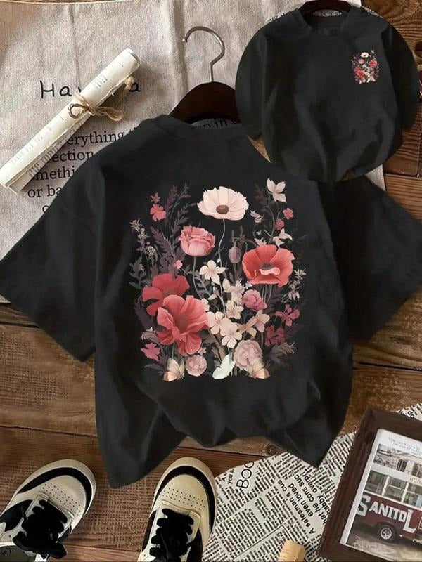 Women's Floral Print Round Neck Tee, Vintage Trendy Casual Short Sleeve T-shirt for Daily Wear, Ladies Summer, Top style...