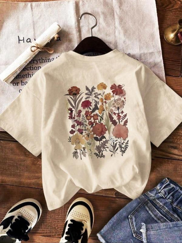 Women's Floral Print Round Neck Tee, Vintage Trendy Casual Short Sleeve T-shirt for Daily Wear, Ladies Summer, Top style...