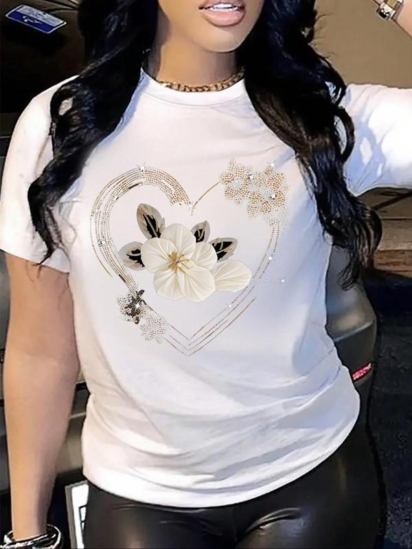 Women's Floral Print Round Neck Tee, Vintage Trendy Casual Short Sleeve T-shirt for Daily Wear, Ladies Summer, Top style...