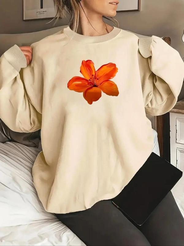 Women's Floral Print Ruffle Trim Drop Shoulder Sweatshirt, Casual Long Sleeve Round Neck Pullover for Fall & Winter,...