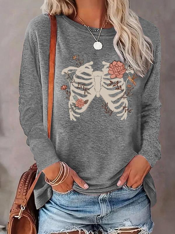 Women's Floral Skeleton Print Round Neck Tee, Casual Long Sleeve Crew Neck T-shirt for Daily Wear, Ladies Clothes for All...