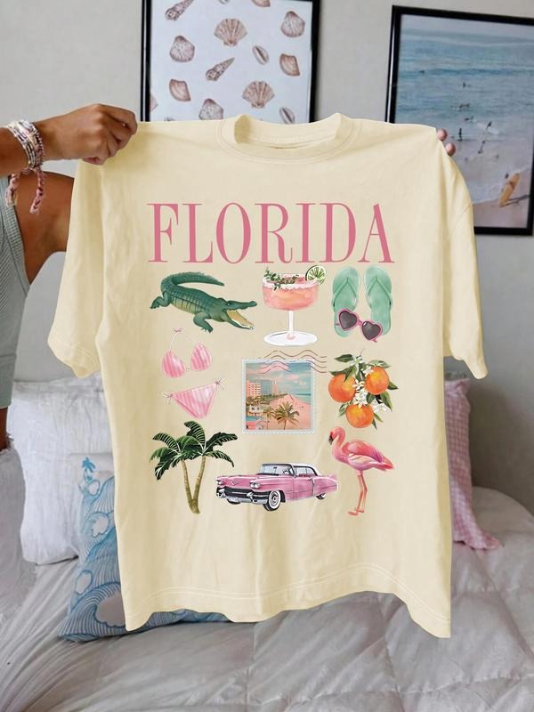 Women's Florida Print Round Neck Tee, Trendy Casual Short Sleeve T-shirt for Daily Wear, Ladies Summer, Top Hoodie,...