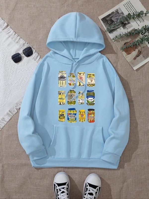Women's Food Print Drop Shoulder Hoodie, Fashion Casual Drawstring Pocket Hooded Sweatshirt for Daily Holiday Outdoor...