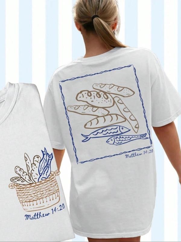 Women's Food Print Round Neck Tee, Casual Short Sleeve Crew Neck T-Shirt for Daily Wear, Ladies Clothes for All Seasons,...