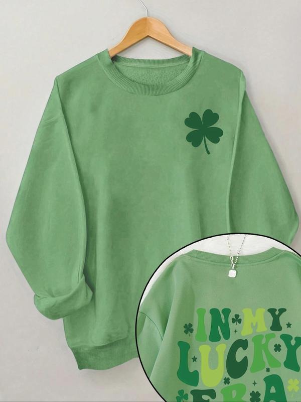 Women's Four-leaf Clover & Letter Print Crew Neck Sweatshirt, Casual Long Sleeve Pullover for Daily Wear, Ladies Spring...