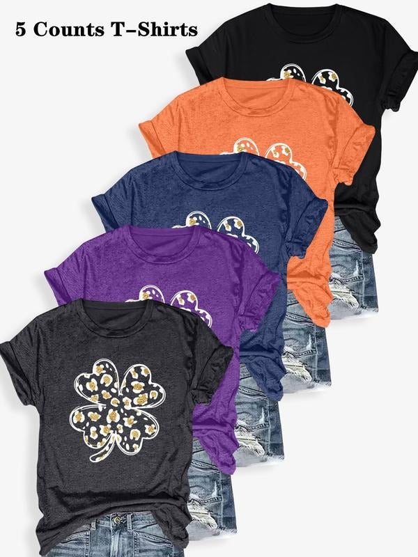 Four Leaf Clover Print Round Neck Casual Short Sleeve Crew Neck Summer Top Daily T-Shirts, Hoodie, Sweatshirt