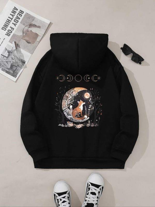Women's Fox & Moon & Tree Print Drawstring Pocket Hoodie, Casual Long Sleeve Hooded Sweatshirt for Fall & Winter, Women's...