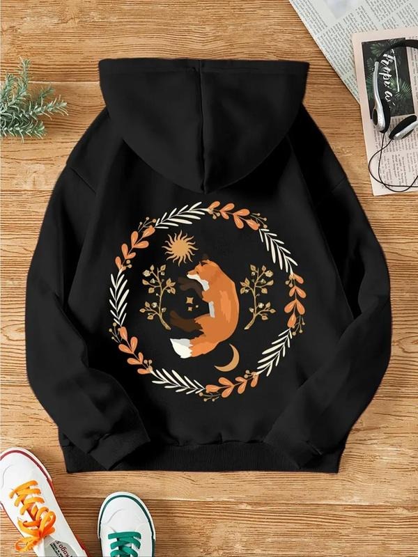 Women's Fox & Plants Print Drop Shoulder Hoodie, Fashion Casual Drawstring Pocket Hooded Sweatshirt for Daily Holiday...