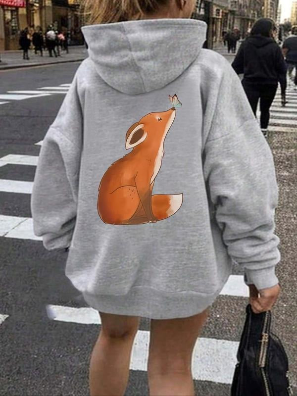Women's Fox Print Drop Shoulder Drawstring Hoodie, Fashion Casual Pocket Hooded Sweatshirt for Daily Holiday Outdoor...