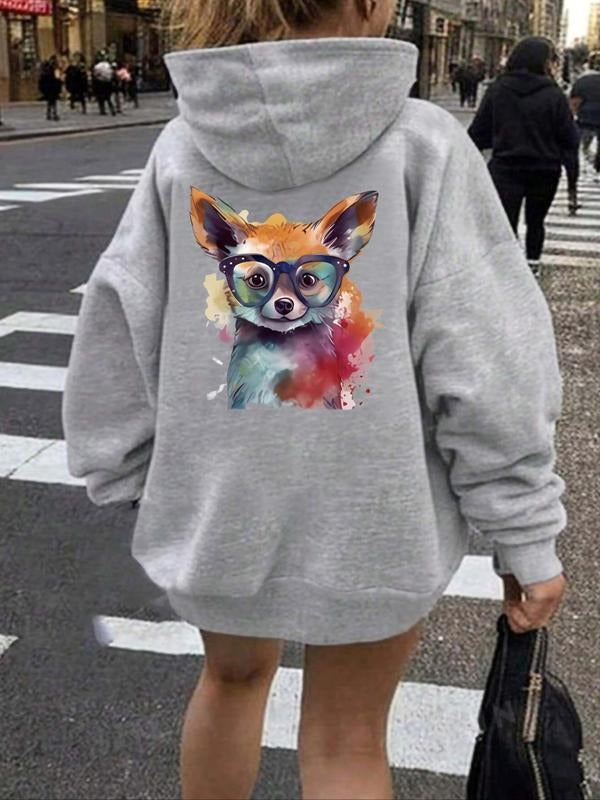 Women's Fox Print Drop Shoulder Drawstring Hoodie, Fashion Casual Pocket Hooded Sweatshirt for Daily Holiday Outdoor...